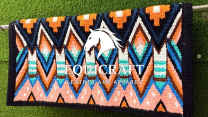 Western Saddle Blanket | Black Orange Peach Teal Wool Pad | Hand-Woven Southwestern Horse Saddle Blanket | Colorful Show Pad Equestrian Gift