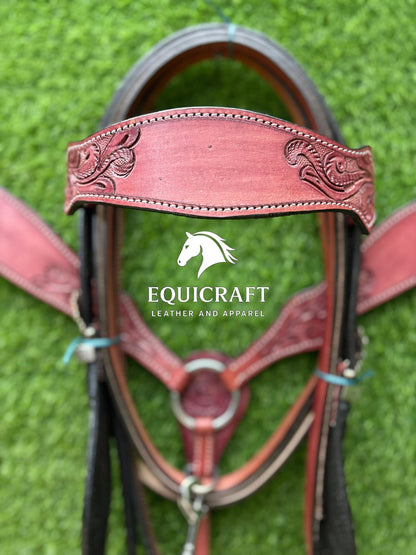Pink Rose Tooled Leather Western Headstall & Breast Collar Set – Silver Buckle Horse Tack | Barrel Racing Rodeo Gear