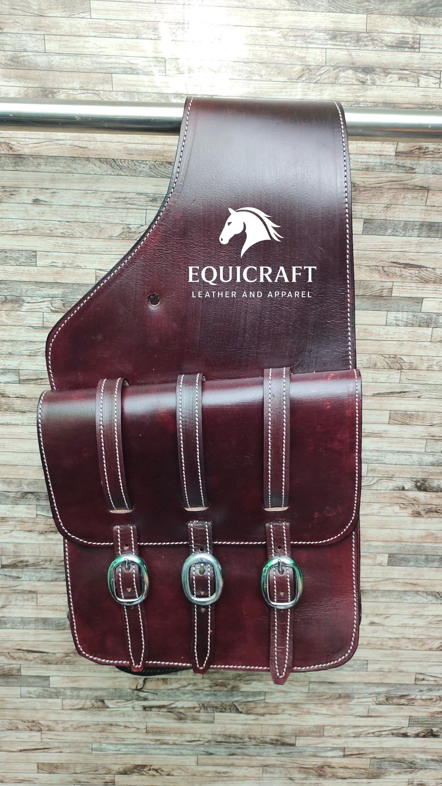 Dark Brown Oiled Leather Western Saddle Bag – Double Buckle Large Horse Trail Bag | Brass Hardware Cowboy Tack
