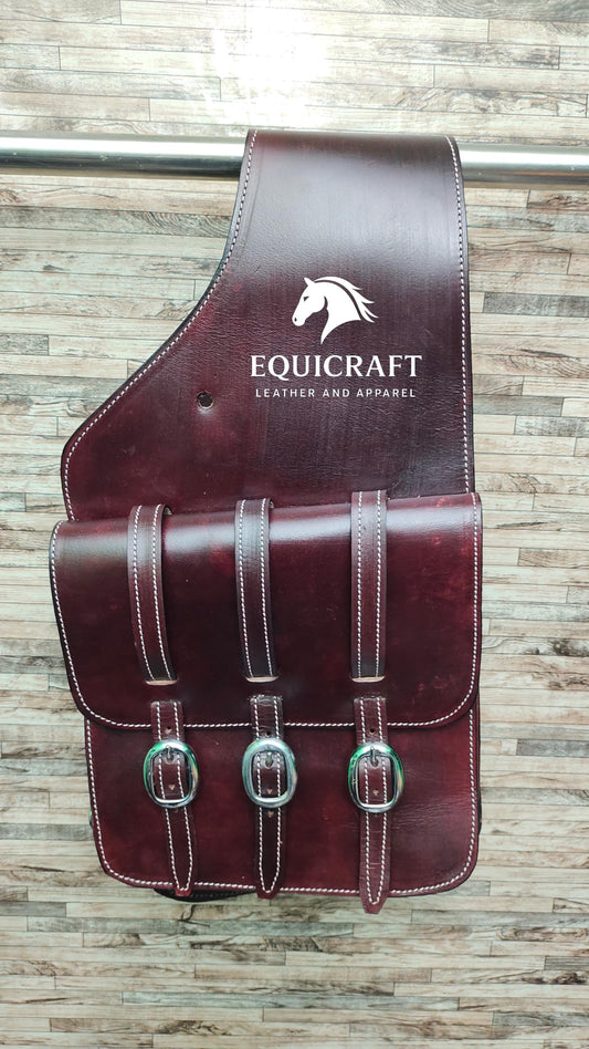 Dark Brown Oiled Leather Western Saddle Bag – Double Buckle Large Horse Trail Bag | Brass Hardware Cowboy Tack