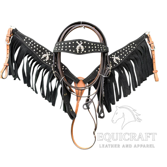 Black Fringe Studded Western Headstall & Breast Collar Set – Crossed Guns Concho Horse Tack | Barrel Racing Rodeo Gear