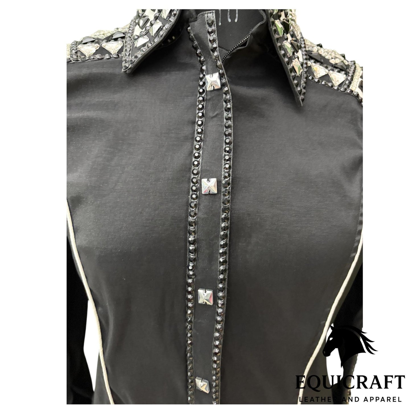 Black Crystal Western Show Shirt – Women's Rodeo Queen Equestrian Top | Rhinestone Showmanship Horsemanship Apparel