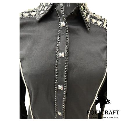 Black Crystal Western Show Shirt – Women's Rodeo Queen Equestrian Top | Rhinestone Showmanship Horsemanship Apparel