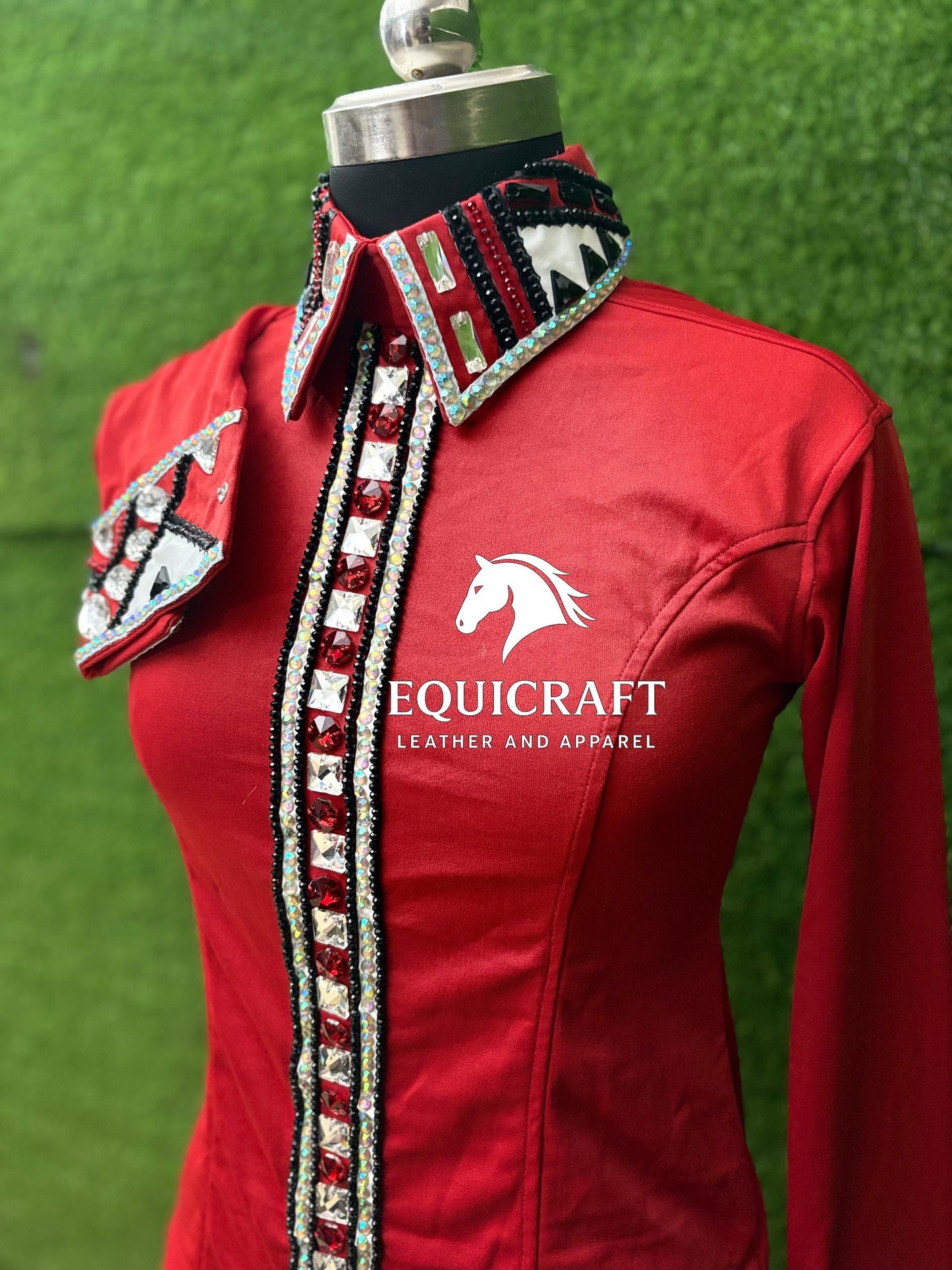 Womens Western Show Shirt | Red Crystal Rhinestone Embellished Showmanship Shirt | Ladies Rodeo Queen Blouse | Horse Show Shirt