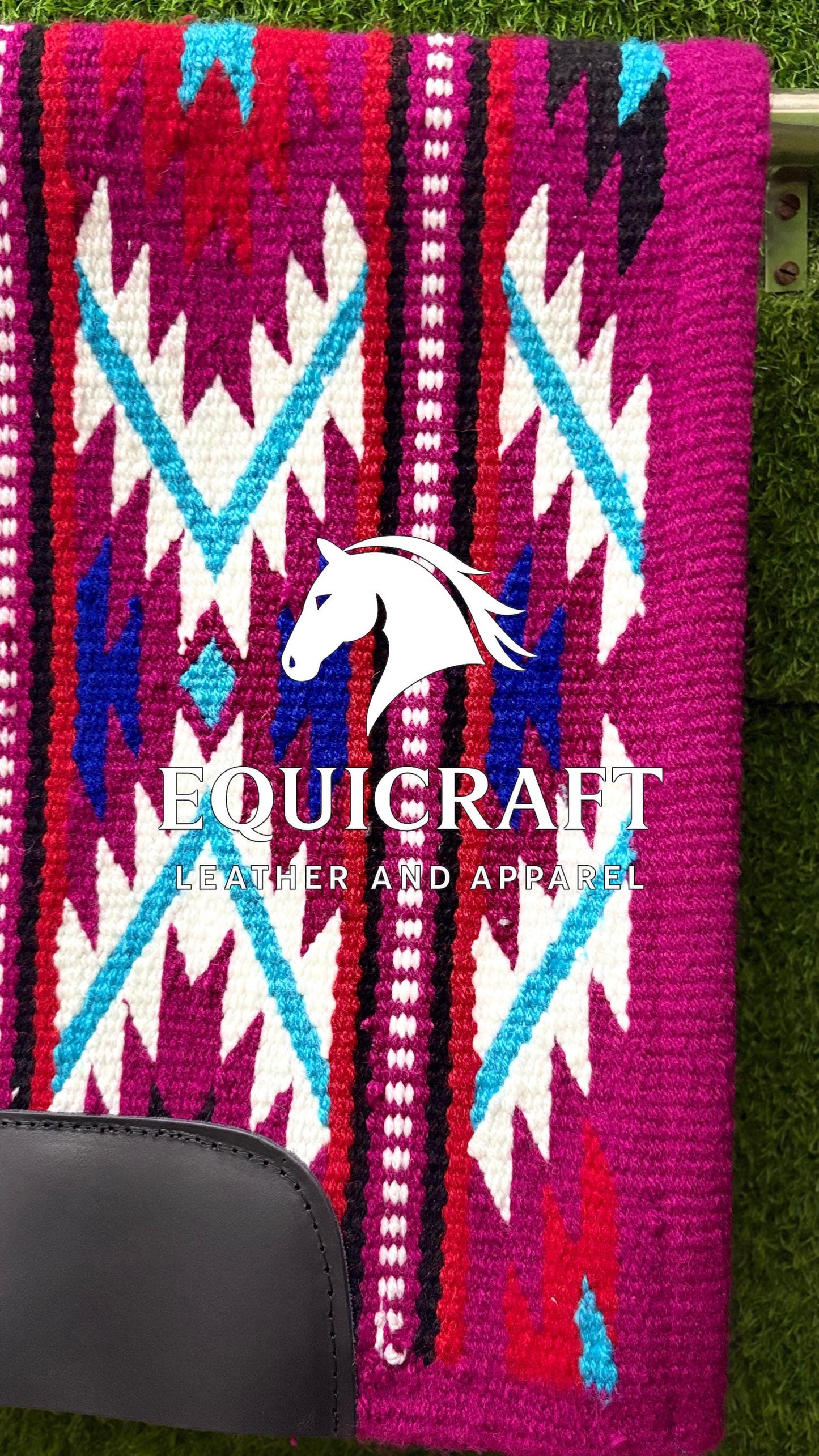 Western Show Saddle Pad | Magenta Pink White Turquoise Wool Blanket | Hand-Woven Southwestern Horse Saddle Pad | Barrel Racing Pad