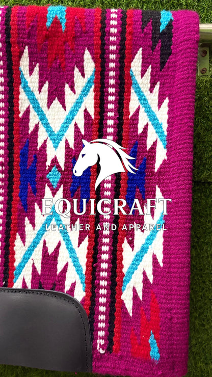Western Show Saddle Pad | Magenta Pink White Turquoise Wool Blanket | Hand-Woven Southwestern Horse Saddle Pad | Barrel Racing Pad