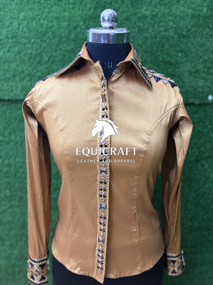 Womens Western Show Shirt | Gold Champagne Black Mirror Rhinestone Showmanship Shirt | Ladies Rodeo Queen Blouse | Horse Show Shirt