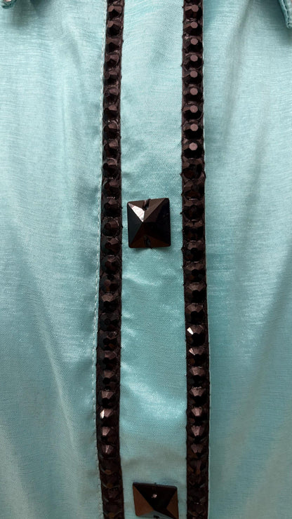 Womens Western Show Shirt | Mint Aqua Black Silver Rhinestone Mirror Showmanship Shirt | Ladies Rodeo Queen Blouse | Horse Show Shirt Gift