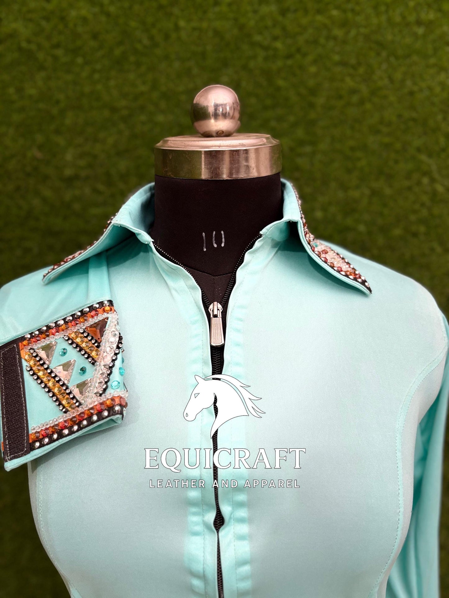 Womens Western Show Shirt | Mint Aqua Orange Gold Rhinestone Sleeveless Showmanship Shirt | Ladies Zip Rodeo Blouse | Horse Show Shirt Gift