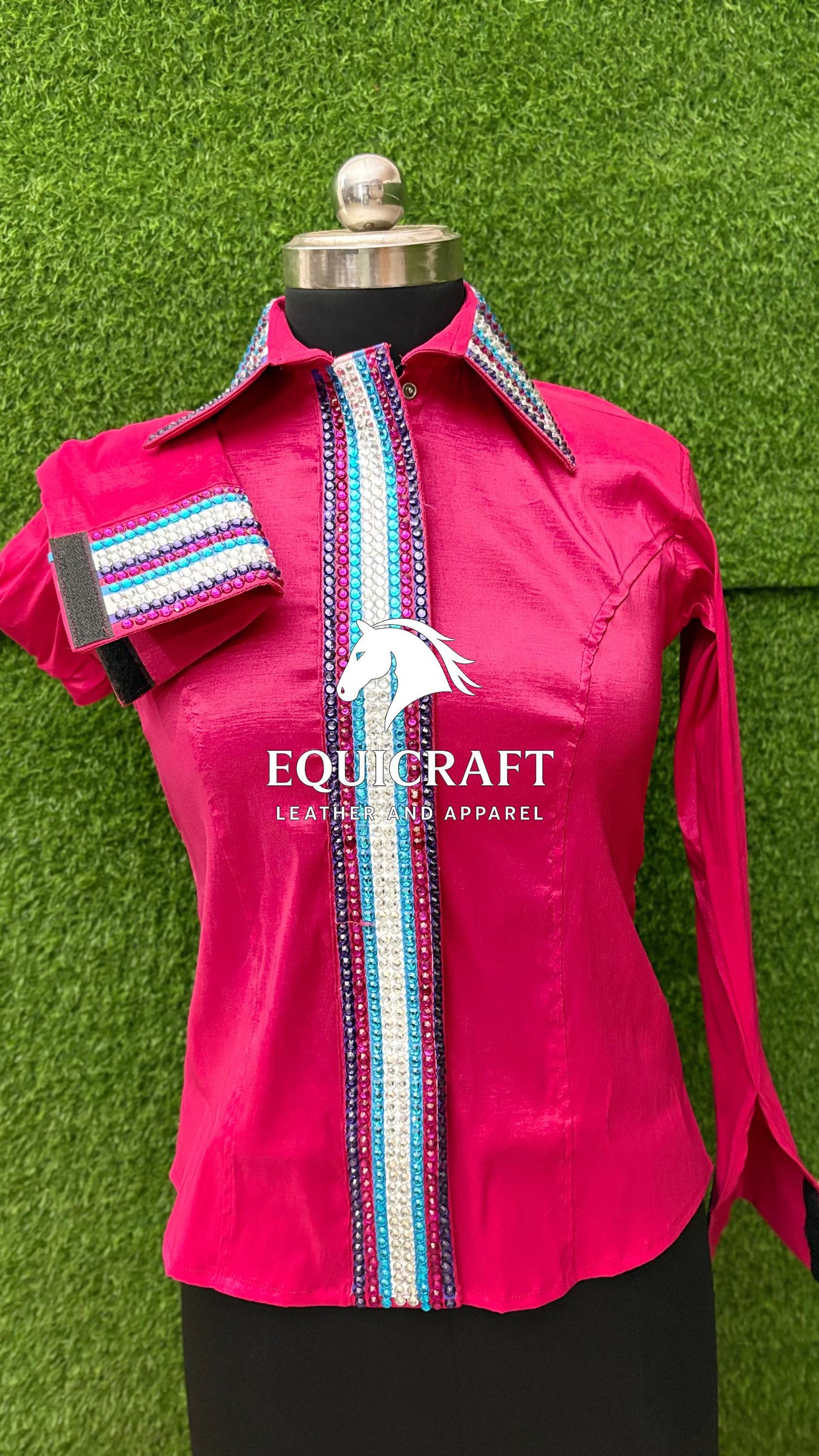 Womens Western Show Shirt | Hot Pink Multicolor Striped Rhinestone Showmanship Shirt | Ladies Rodeo Queen Blouse | Horse Show Shirt