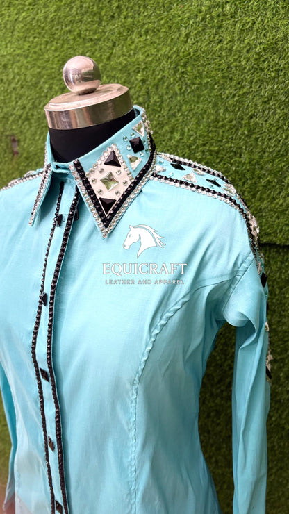 Womens Western Show Shirt | Mint Aqua Black Silver Rhinestone Mirror Showmanship Shirt | Ladies Rodeo Queen Blouse | Horse Show Shirt Gift