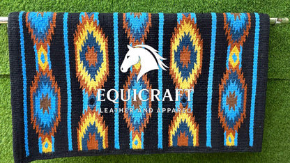 Western Saddle Pad | Black Blue Yellow Aztec Wool Horse Blanket | Show Saddle Pad | Trail Riding Pad | Reining Pad | Quarter Horse Pad