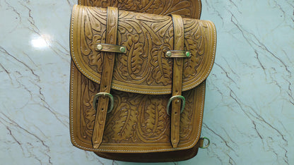Tan Acorn Leaf Tooled Leather Western Saddle Bag – Double Buckle Brass Hardware Horse Trail Tack