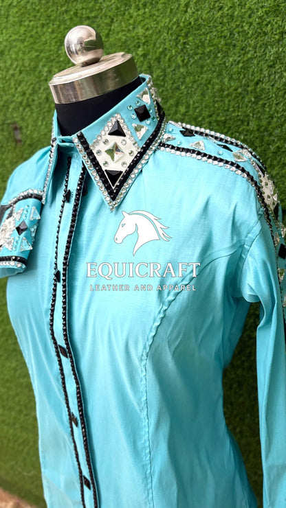 Womens Western Show Shirt | Mint Aqua Black Silver Rhinestone Mirror Showmanship Shirt | Ladies Rodeo Queen Blouse | Horse Show Shirt Gift