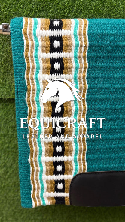 Western Show Saddle Pad | Teal Gold Black White Wool Blanket | Hand-Woven Southwestern Horse Saddle Pad | Show Trail Pad Equestrian Gift