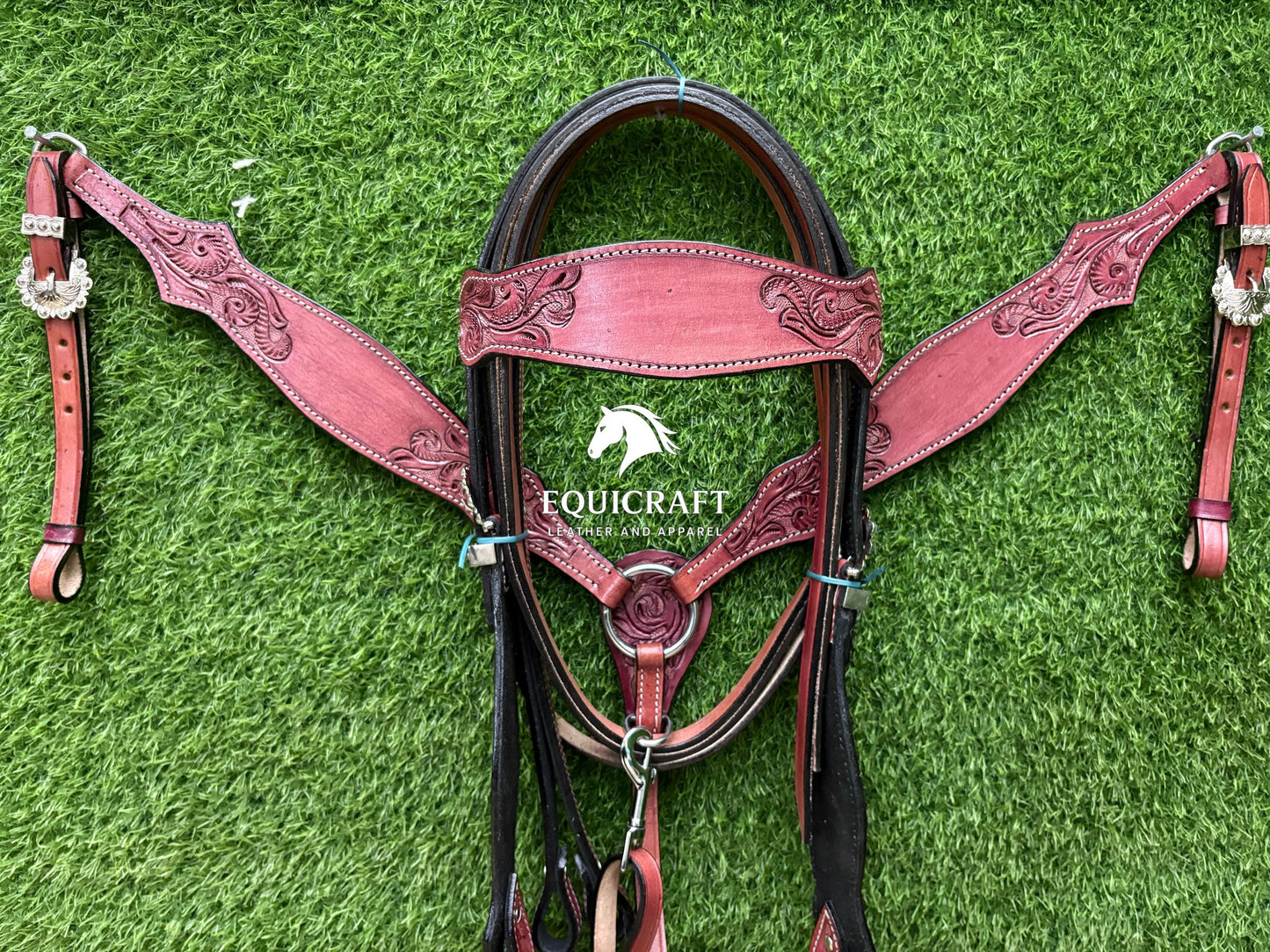 Pink Rose Tooled Leather Western Headstall & Breast Collar Set – Silver Buckle Horse Tack | Barrel Racing Rodeo Gear