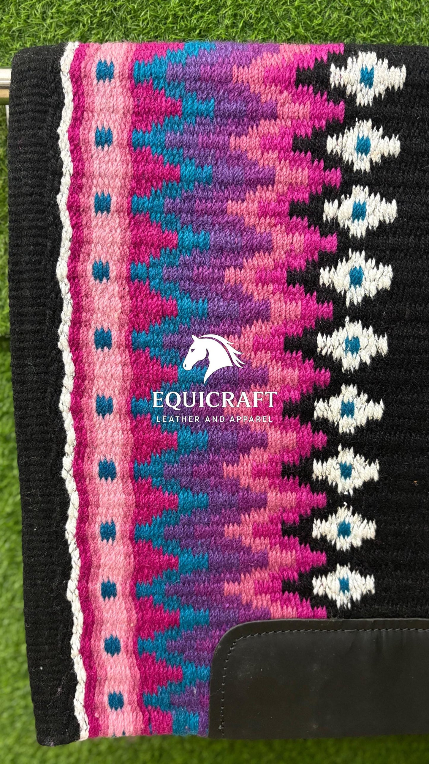 Black Pink Teal Wool Western Saddle Pad – Aztec Star Show Pad | Horse Blanket Barrel Racing Rodeo Ranch Tack