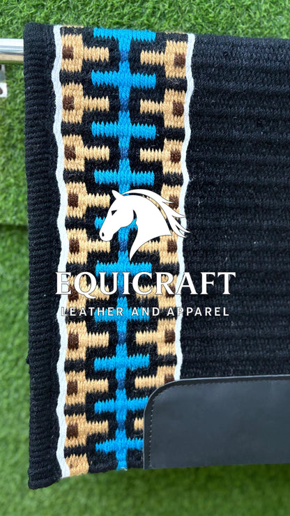 Aztec Western Show Saddle Pad | Black Turquoise Tan Wool Blanket | Hand-Woven Southwestern Horse Saddle Pad | Trail Pad Equestrian Gift
