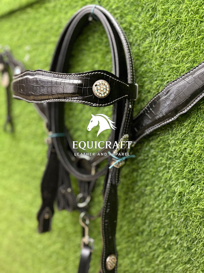 Black Crocodile Print Leather Western Headstall & Breast Collar Set – Crystal Concho Horse Tack | Barrel Racing Rodeo