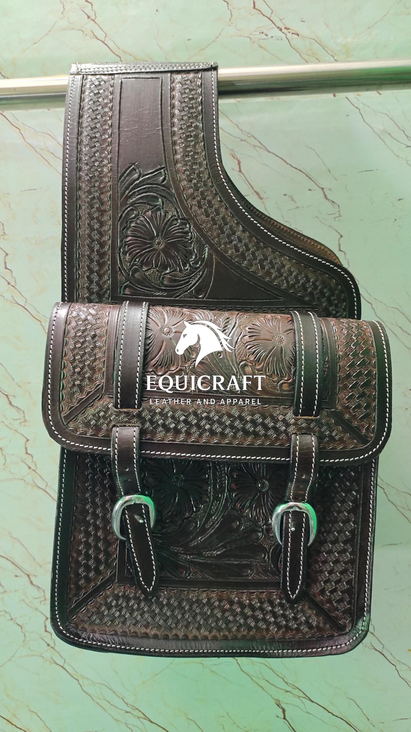 Dark Brown Tooled Leather Western Saddle Bag – Floral Basket Weave Double Buckle Horse Trail Tack