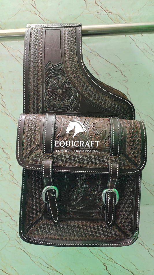 Dark Brown Tooled Leather Western Saddle Bag – Floral Basket Weave Double Buckle Horse Trail Tack