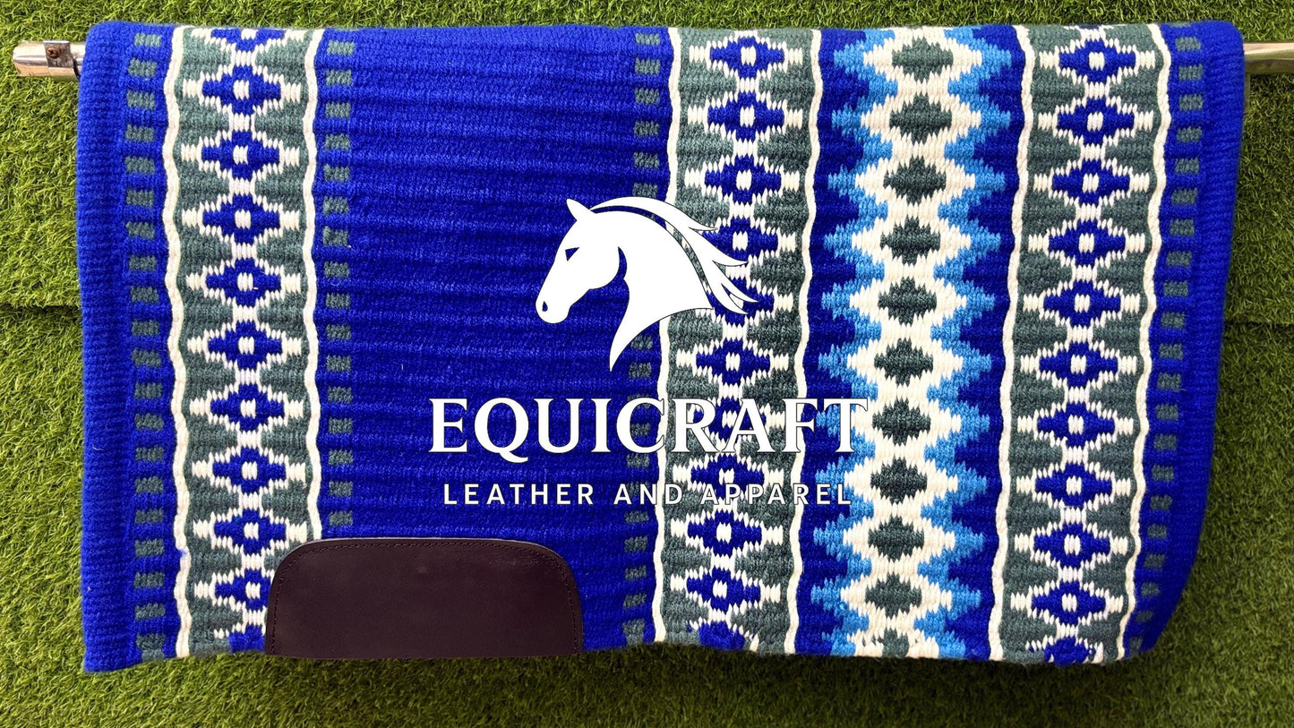 Western Show Saddle Pad | Royal Blue Teal Green White Wool Blanket | Hand-Woven Southwestern Horse Saddle Pad | Trail Pad