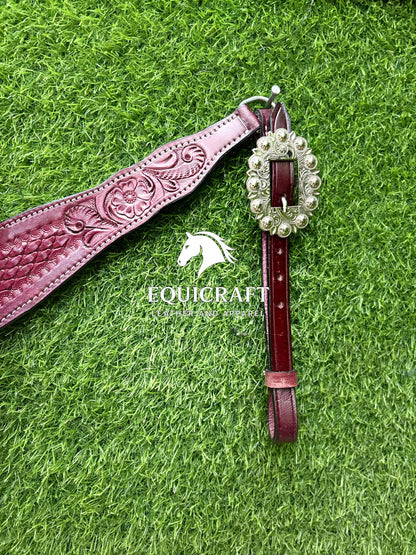 Burgundy Tooled Leather Western Headstall & Breast Collar Set – Silver Concho Horse Tack | Barrel Racing Rodeo Gear