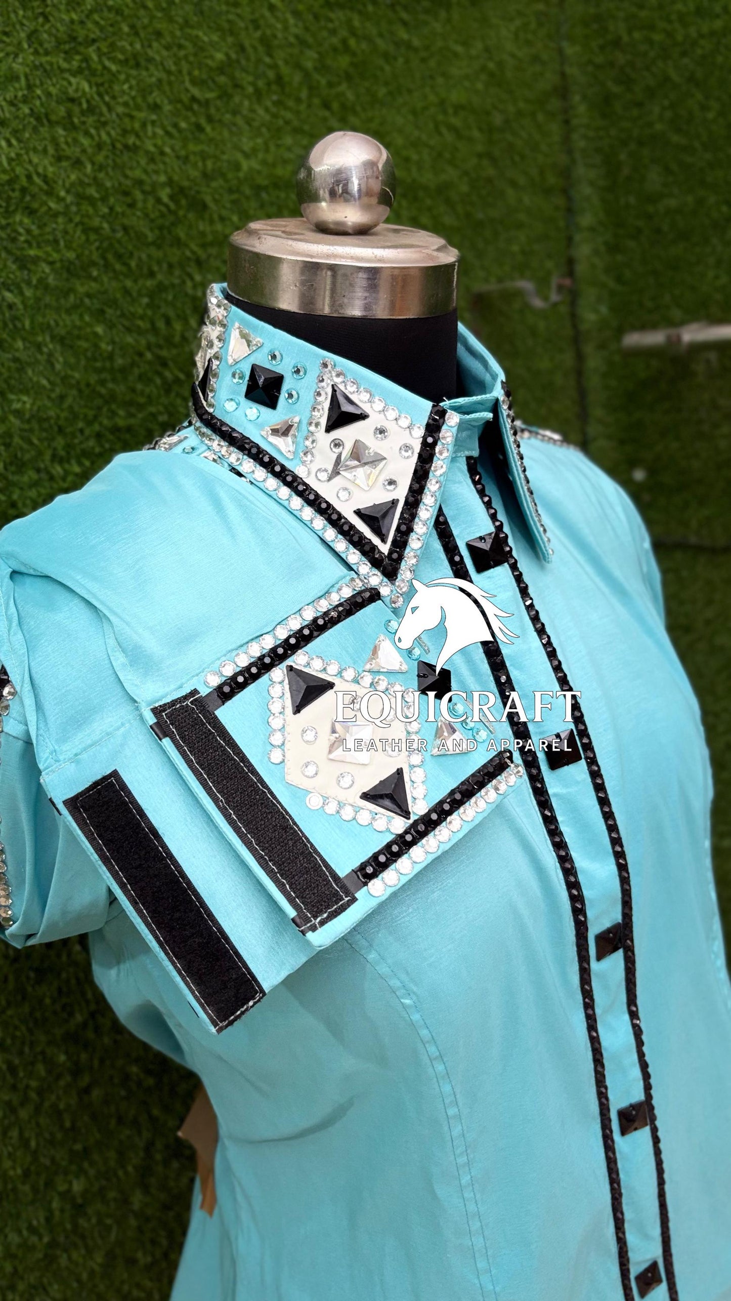 Womens Western Show Shirt | Mint Aqua Black Silver Rhinestone Mirror Showmanship Shirt | Ladies Rodeo Queen Blouse | Horse Show Shirt Gift