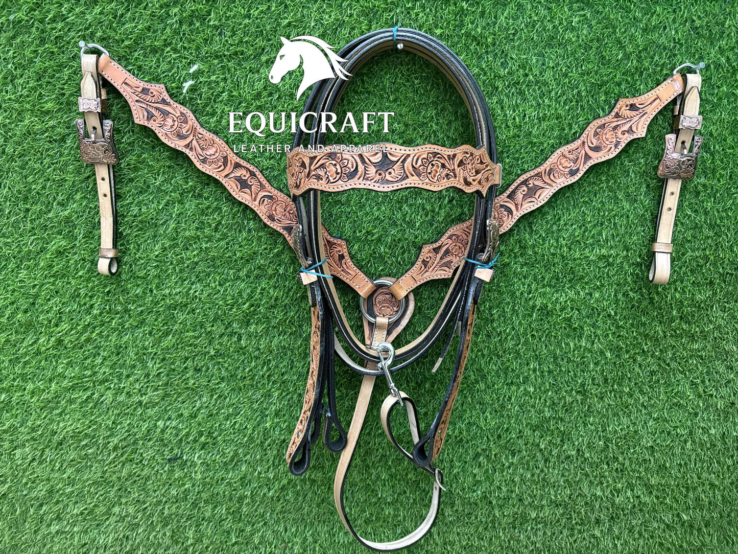 Tan Black Floral Tooled Leather Western Headstall & Breast Collar Set – Antique Concho Horse Tack | Barrel Racing Rodeo