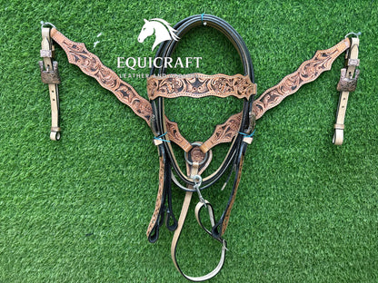 Tan Black Floral Tooled Leather Western Headstall & Breast Collar Set – Antique Concho Horse Tack | Barrel Racing Rodeo