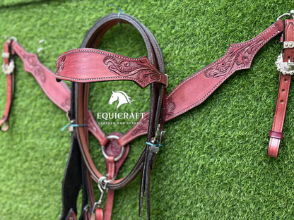 Pink Rose Tooled Leather Western Headstall & Breast Collar Set – Silver Buckle Horse Tack | Barrel Racing Rodeo Gear