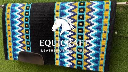 Western Show Saddle Pad | Black Turquoise Yellow Blue Wool Blanket | Hand-Woven Southwestern Horse Saddle Pad | ShowTrail Pad