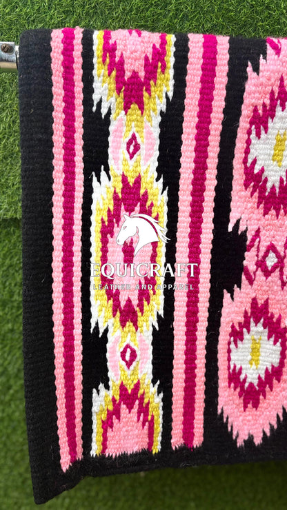 Aztec Western Saddle Blanket | Pink Black Show Pad | Hand-Woven Wool Horse Saddle Pad | Southwestern Ranch Trail Pad Gift for Rider