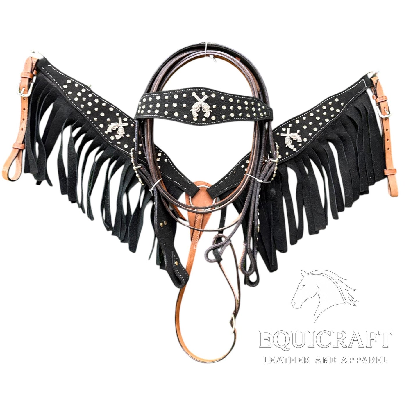 Black Fringe Studded Western Headstall & Breast Collar Set – Crossed Guns Concho Horse Tack | Barrel Racing Rodeo Gear