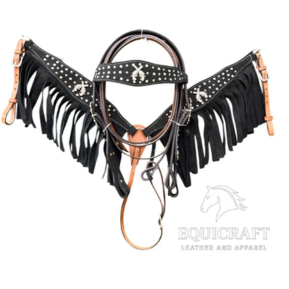 Black Fringe Studded Western Headstall & Breast Collar Set – Crossed Guns Concho Horse Tack | Barrel Racing Rodeo Gear