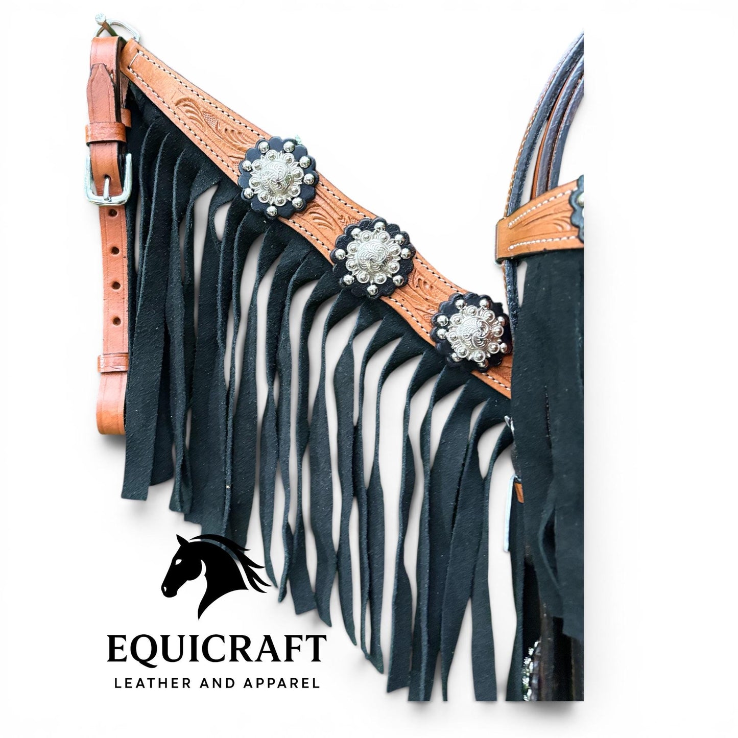 Tan Black Fringe Western Headstall & Breast Collar Set – Silver Concho Tooled Horse Tack | Barrel Racing Rodeo Gear