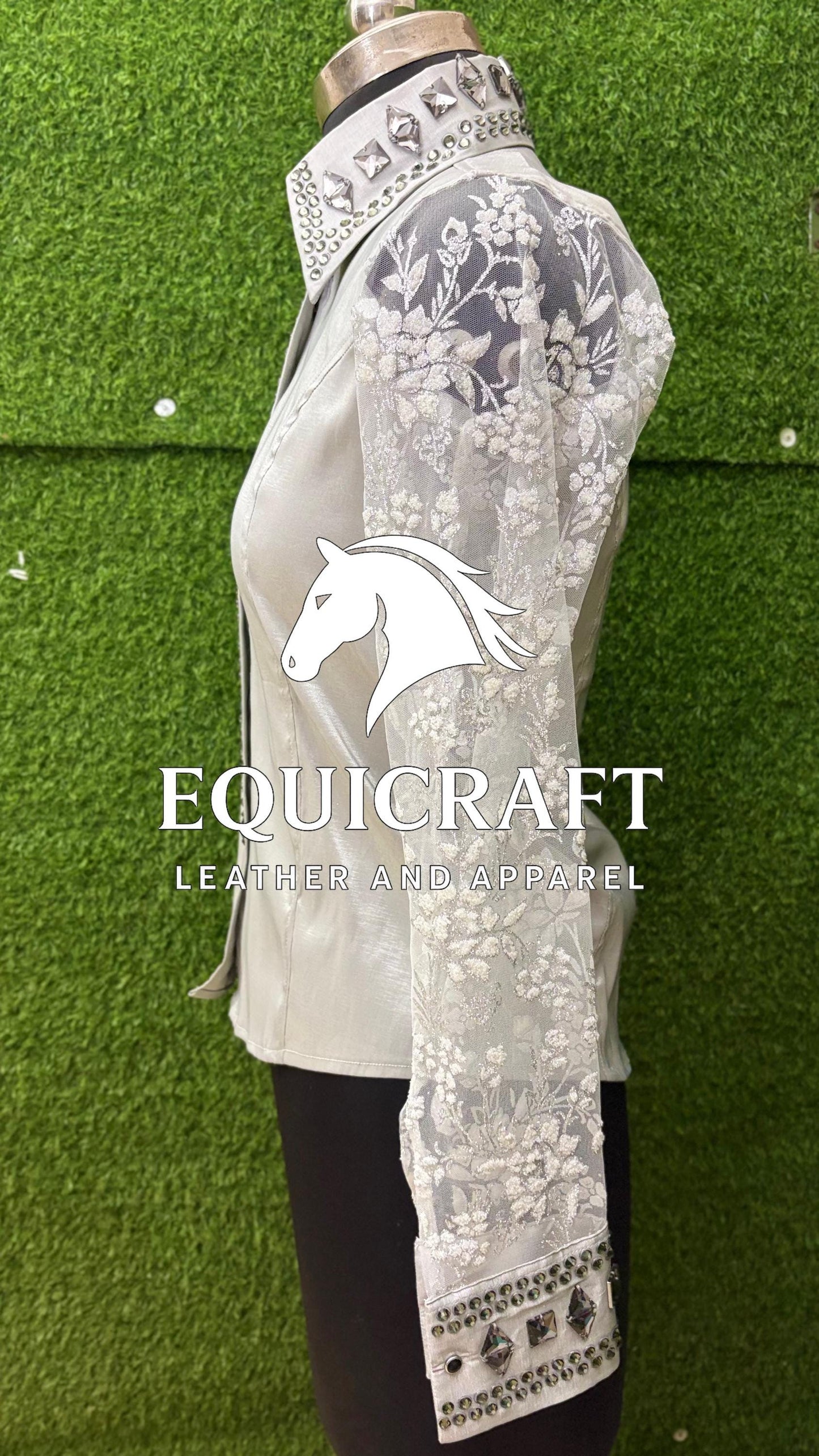 Womens Western Show Shirt | White Rhinestone Crystal Lace Sleeve Showmanship Shirt | Ladies Rodeo Show Blouse | Horse Show Shirt
