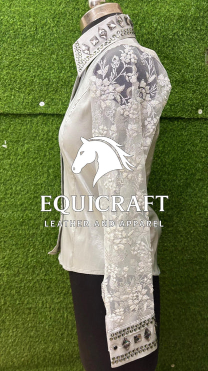 Womens Western Show Shirt | White Rhinestone Crystal Lace Sleeve Showmanship Shirt | Ladies Rodeo Show Blouse | Horse Show Shirt