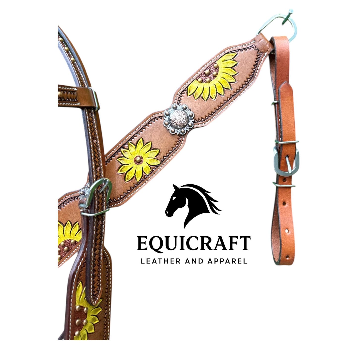 Sunflower Painted Leather Western Headstall & Breast Collar Set – Silver Concho Horse Tack | Barrel Racing Rodeo Gear
