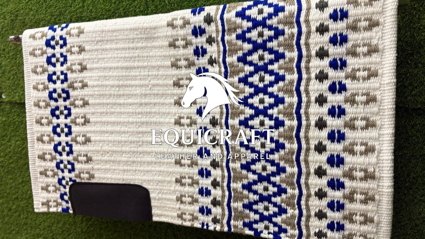 White Blue Grey Wool Western Saddle Pad – Aztec Diamond Show Pad | Horse Blanket Barrel Racing Rodeo Ranch Tack