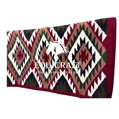 Burgundy Green Wool Western Saddle Blanket – Aztec Diamond Show Blanket | Horse Pad Barrel Racing Rodeo Ranch Tack