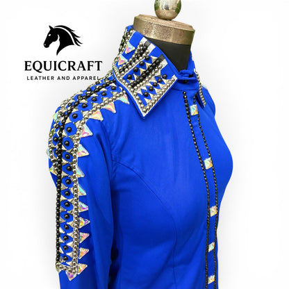 Royal Blue Western Show Shirt – AB Crystal Silver Stud Women's Rodeo Queen Top | Showmanship Horsemanship Equestrian