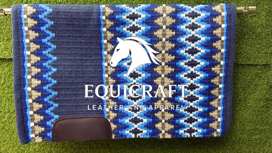 Western Show Saddle Pad | Navy Blue Tan Turquoise Wool Blanket | Hand-Woven Southwestern Horse Saddle Pad | ShowTrail Pad Equestrian Gift