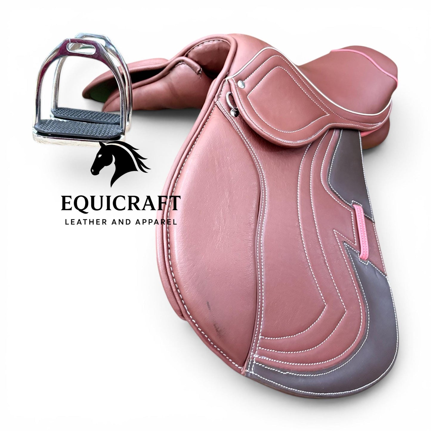 Brown Leather Close Contact Horse Saddle, English All Purpose Jumping Saddle with Iron Stirrups, 14 to 18 Inch Seat Sizes Available