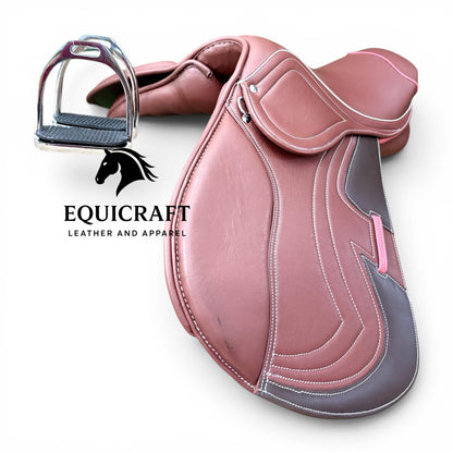 Brown Leather Close Contact Horse Saddle, English All Purpose Jumping Saddle with Iron Stirrups, 14 to 18 Inch Seat Sizes Available