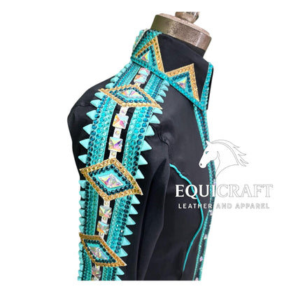 Womens Western Show Shirt | Black Turquoise Gold Rhinestone Showmanship Shirt | Ladies Crystal Yoke Rodeo Queen Blouse | Horse Show Shirt