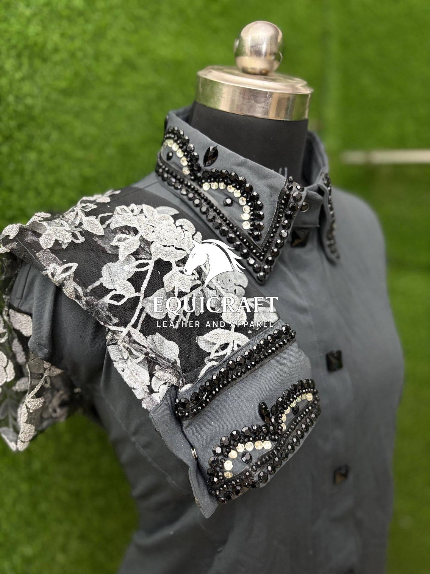 Womens Western Show Shirt | Gray Black Silver Rhinestone Lace Sleeve Showmanship Shirt | Ladies Rodeo Queen Blouse | Horse Show Shirt Gift