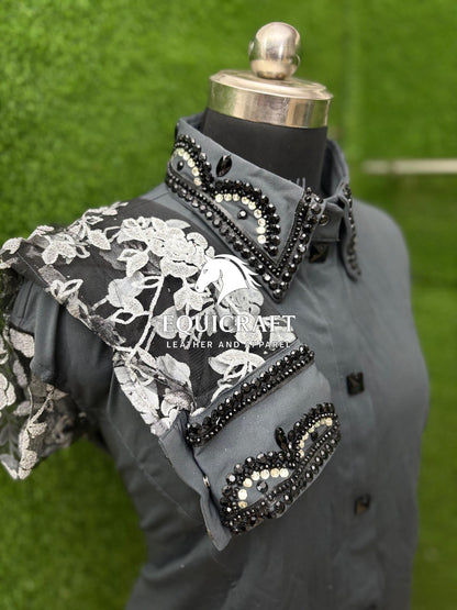 Womens Western Show Shirt | Gray Black Silver Rhinestone Lace Sleeve Showmanship Shirt | Ladies Rodeo Queen Blouse | Horse Show Shirt Gift