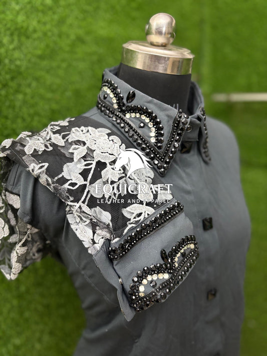 Womens Western Show Shirt | Gray Black Silver Rhinestone Lace Sleeve Showmanship Shirt | Ladies Rodeo Queen Blouse | Horse Show Shirt Gift
