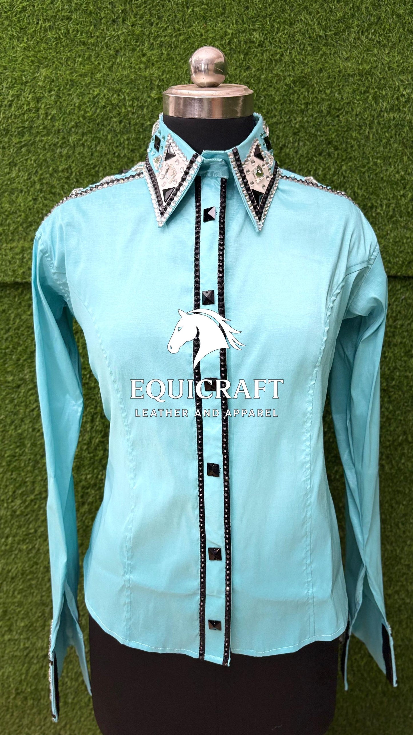 Womens Western Show Shirt | Mint Aqua Black Silver Rhinestone Mirror Showmanship Shirt | Ladies Rodeo Queen Blouse | Horse Show Shirt Gift